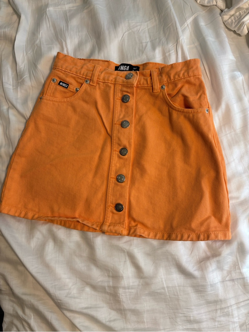 Minga London Orange Button-Front Denim A-Line Mini Skirt